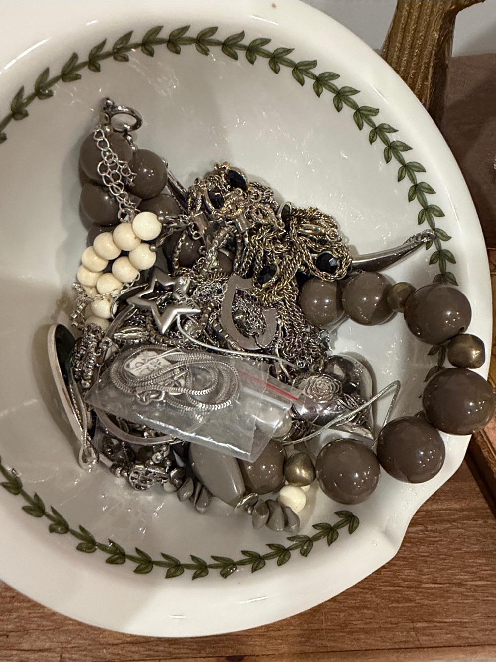 Neutral Bead and Silver tone jewelry in a vintage fresh prep b- Taupe and Ivory